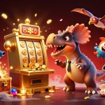 Experience thrilling dn88 action with a cartoon dinosaur jackpot scene filled with flying golden coins.