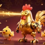 Cakhia TV showcases an electrifying 3D scene featuring a golden rooster robot and chick drones amidst a dynamic sports betting atmosphere.