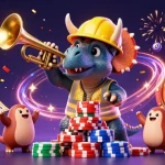 Exciting scene with sc88 characters celebrating while building poker chip pyramids and dynamic casino elements.