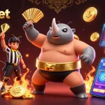 88kbet showcases a dynamic gaming scene with rhinoceros beetle champions, vibrant cryptocurrency coins, and exciting elements.