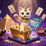 Engage with the thrilling tải rik vip experience featuring a 3D Egyptian mummy cat and glowing scarab beetle.