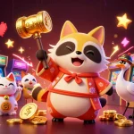 Experience the vibrant energy of 78win com in this 3D illustration of a cheerful tanuki and friends at a colorful online casino