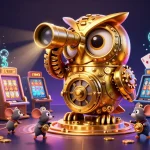 Engage with thrilling 188v casino action featuring a golden owl and busy slot machines in a vibrant scene.