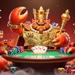 Engage with nhà cái qq88 while enjoying a vibrant poker scene featuring a golden crab emperor.