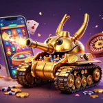 32 win gaming experience illustrated with a golden tank casino, vibrant slot games, and festive confetti.