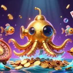Aussie online pokies scene featuring a golden kraken submarine amidst flying coins and a spinning roulette wheel.