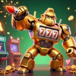 Experience the excitement of RR88 with a dynamic golden gorilla mech surrounded by vibrant casino game elements.