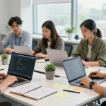 Developers collaborating to build internal tools with AI in a modern office setting