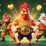 TR88 NHÀ CÁI showcases a lively scene featuring a Muay Thai rooster and Shaolin monkey by a vibrant game setup.