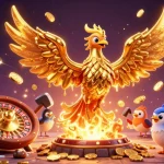 Experience the excitement of FIVE88 with a golden phoenix emerging amidst cascading coins and dynamic casino elements.